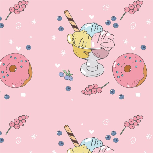 Vector seamless pattern with desserts and decorative elements For wrapping paper, backgrounds