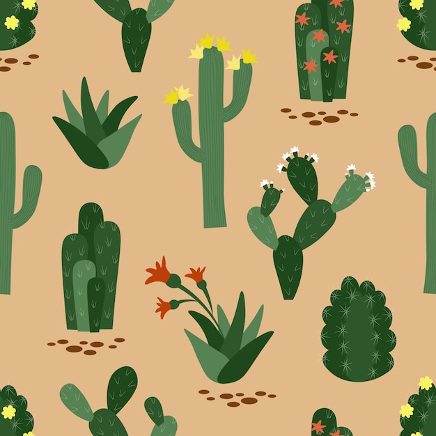 Vector seamless pattern with different cacti. Desert plants on sand background.