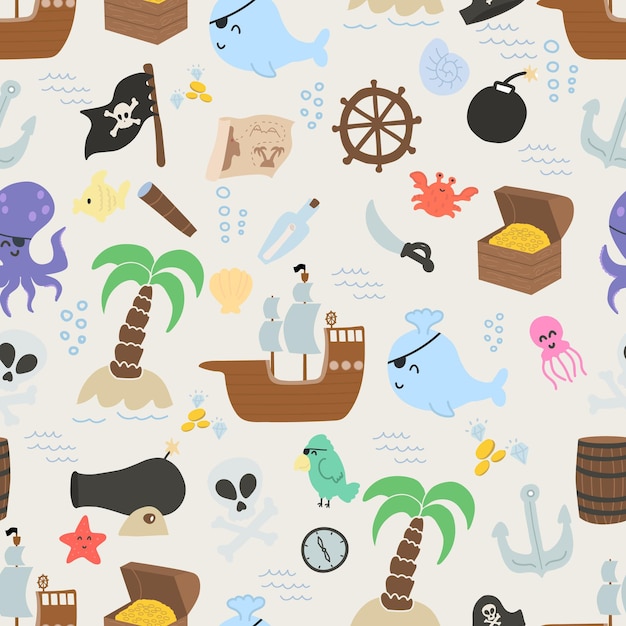 Vector seamless pattern with doodle pirate and nautical elements Cute doodle marine pirate theme