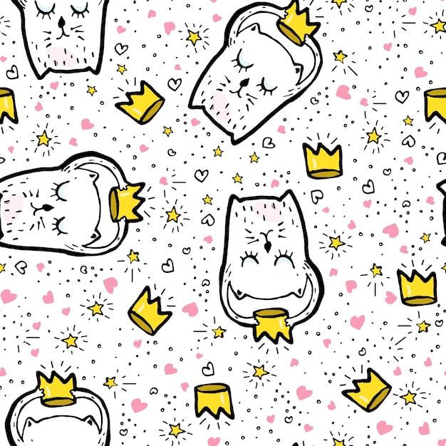 Vector Seamless Pattern with Doodle Scribble cute cat and crown. Backdrop for Boys Girls textiles wrapping paper children clothes dream background. Bright Images