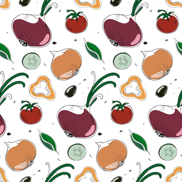 Vector seamless pattern with doodle style vegetables, onions, tomatoes, olives and cucumbers