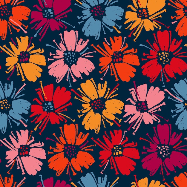 Vector seamless pattern with drawing poppy flowers bright colors