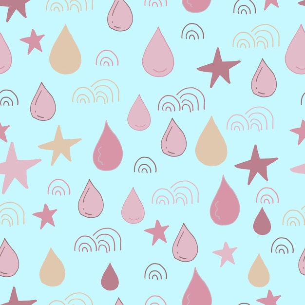 Vector seamless pattern with drops stars and rainbow colors dusty rose mauve and beige Pastel backround