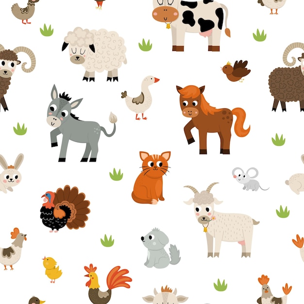 Vector seamless pattern with farm animals and birds Repeat background with cow horse goat sheep duck hen pig Rural countryside themed nature digital paperxA