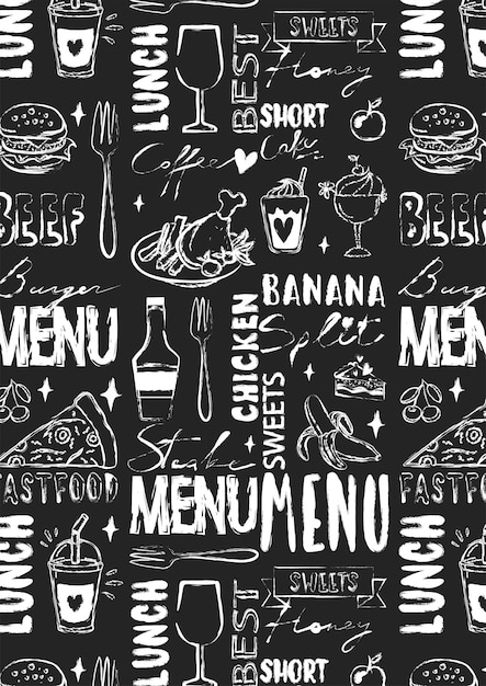 Vector seamless pattern with fastfood elements dishes words and decoration chalk style on black