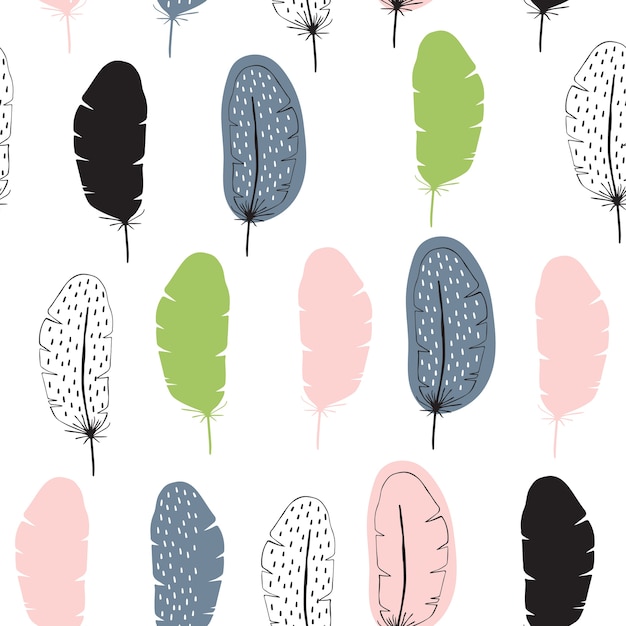 Vector vector seamless pattern with feathers in scandinavian style