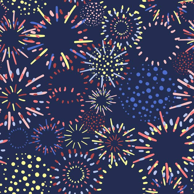 Vector vector seamless pattern with fireworks in variety of bright colors for wallpaper wrapping paper