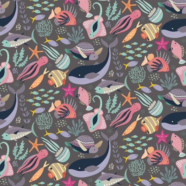 Vector seamless pattern with fish and sea animals