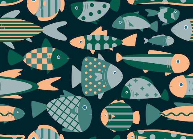 Vector seamless pattern with flat fish for print web decoration