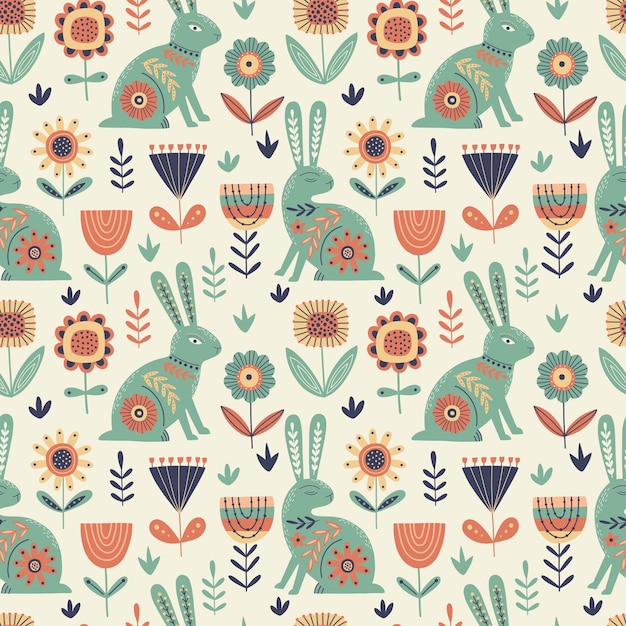 Vector seamless pattern with flowers rabbits in folklore style Easter background