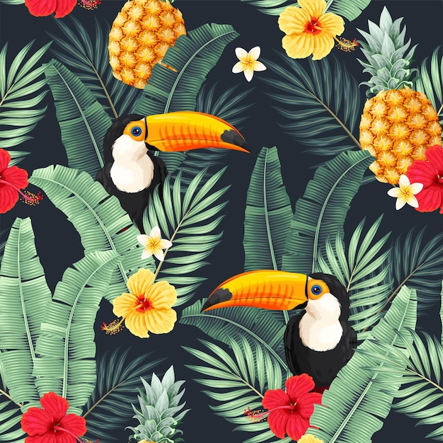 Vector seamless pattern with flowers and toucan