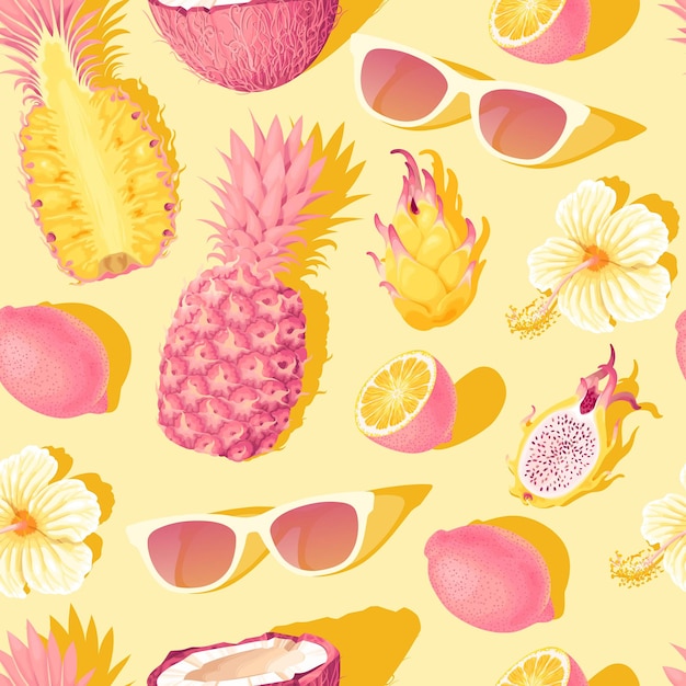 Vector seamless pattern with flowers and tropical fruits on yellow background