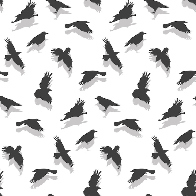 Vector seamless pattern with flying gray crows with a shadow on white background Mystical Halloween