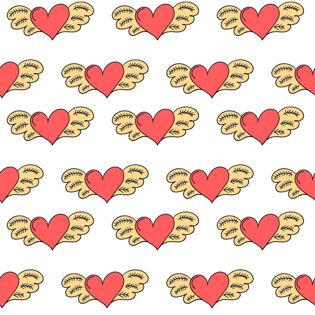 Vector seamless pattern with flying heart in doodle style Hand drawn red heart with wings