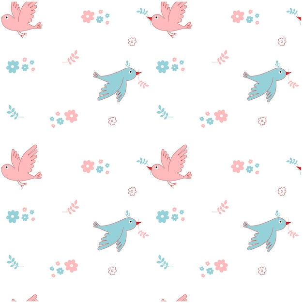 Vector seamless pattern with flying spring birds flowers