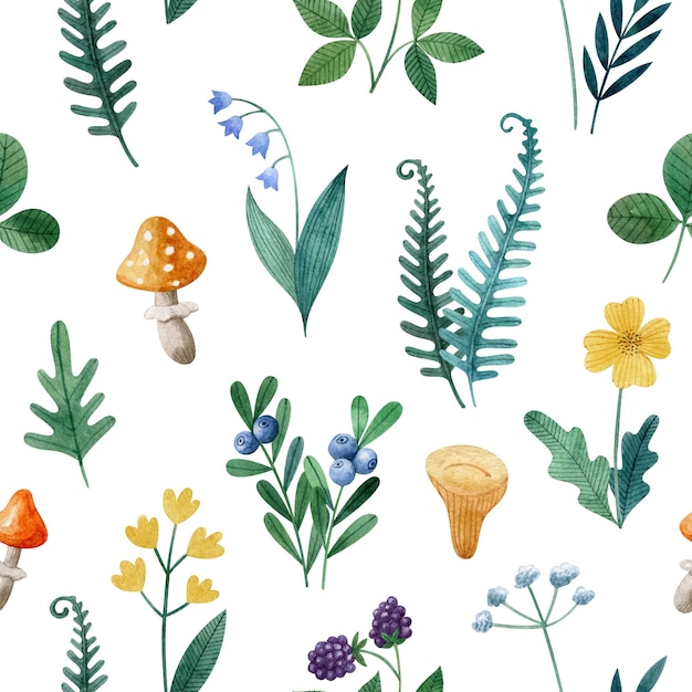 Vector seamless pattern with forest plants berries and mushrooms Childish watercolor texture