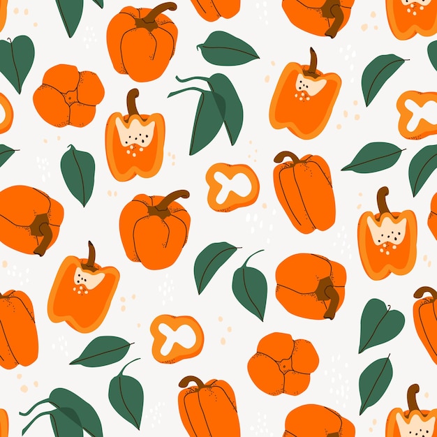 Vector seamless pattern with fruits slices and leaves of bell pepper Hand drawing paprika