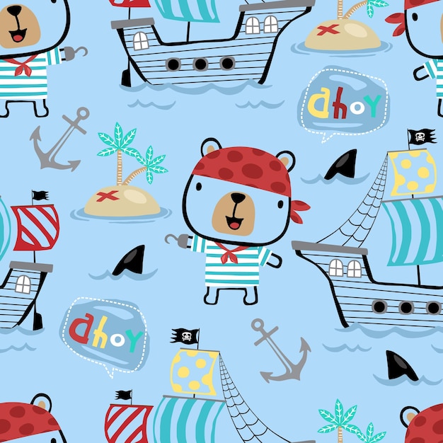 Vector seamless pattern with funny bear and pirate element