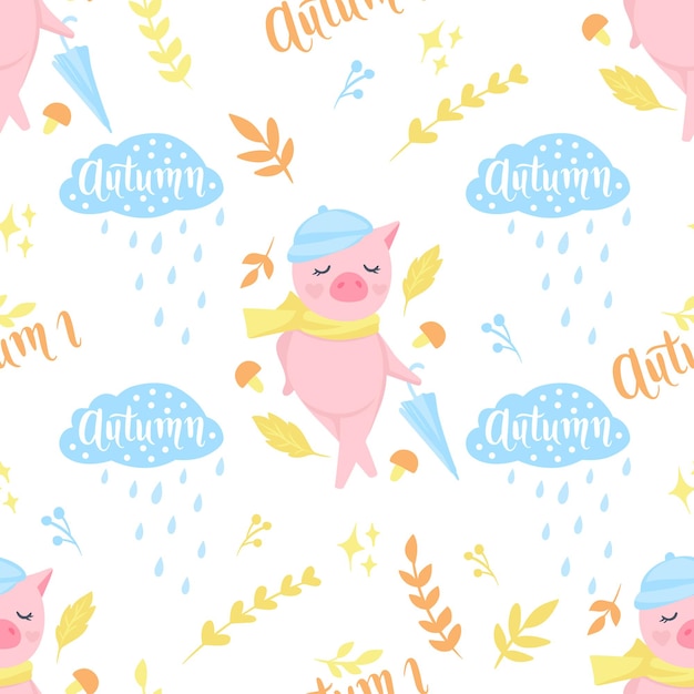 Vector seamless pattern with funny pigs. Symbol of 2019 on the Chinese calendar. Pig background isolated on white. Cartoon animals for wrapping paper, cards, bedding. Kids design.