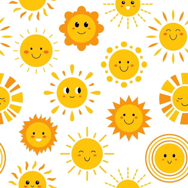 Vector seamless pattern with funny suns with faces Pattern with cute summer sunshine on white background Seamless print with happy smiling baby suns