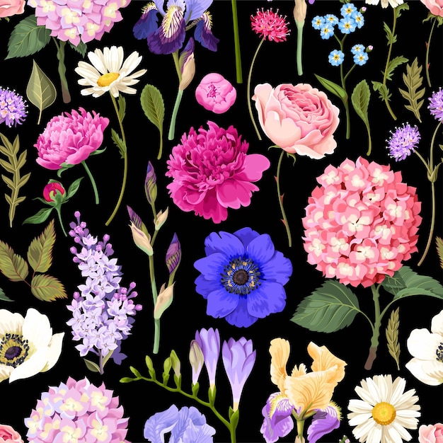 Vector seamless pattern with garden flowers