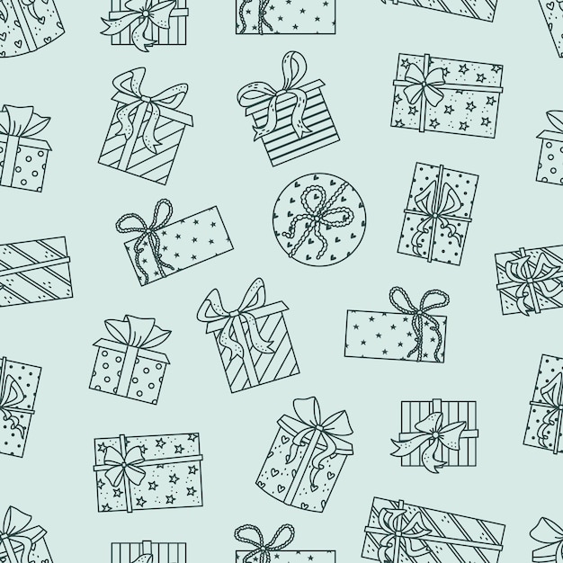 Vector seamless pattern with gift boxes in outline style. Celebration