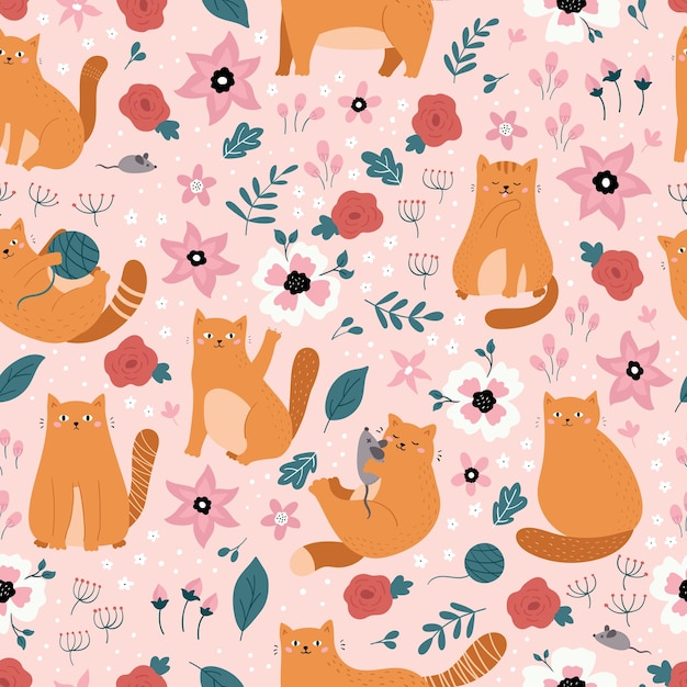 Vector seamless pattern with ginger doodle cats. Hand drawn spring flowers on pink background.