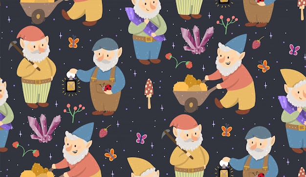 Vector seamless pattern with gnomes, golds, crystals, mushrooms, and butterflies