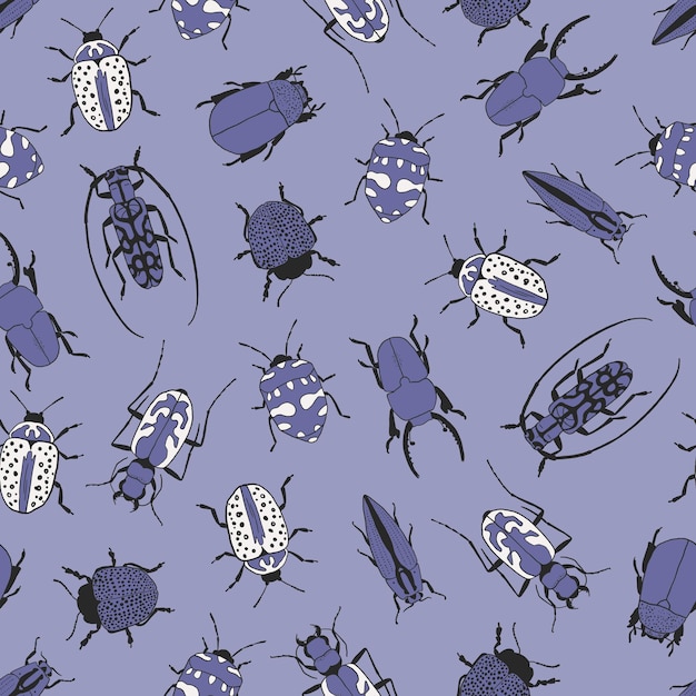 Vector seamless pattern with hand drawn beetles on washed blue background Different types of bugs