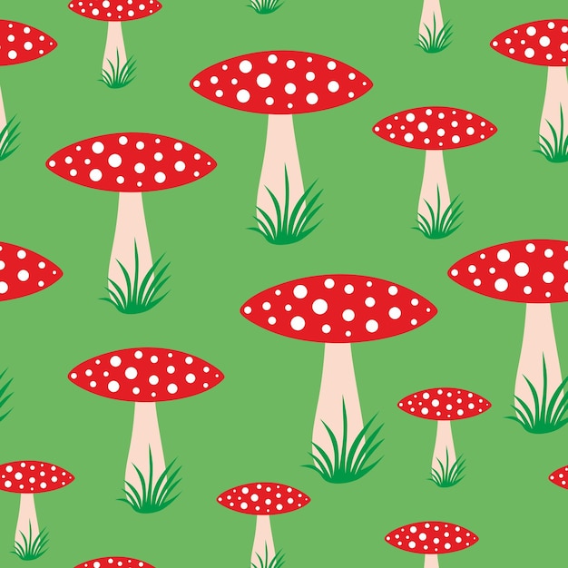 Vector Seamless Pattern with Hand Drawn Cartoon Flat Mushrooms on Green Background