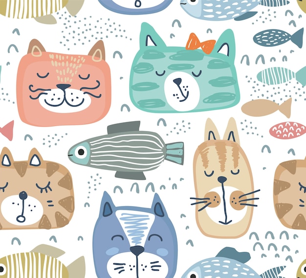 Vector seamless pattern with hand drawn colorful cat faces and graphic fishes