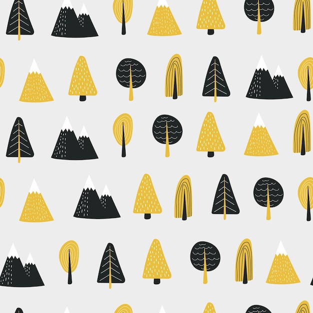 Vector seamless pattern with hand drawn doodle trees forest and mountains