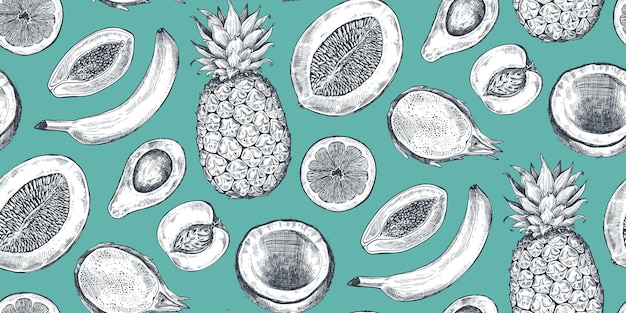 Vector seamless pattern with hand drawn fruits in sketch style Farm market products