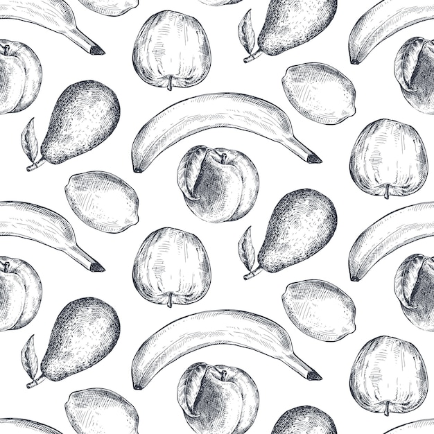 Vector seamless pattern with hand drawn fruits in sketch style Farm market products