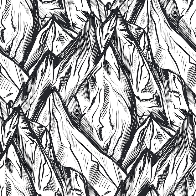 Vector seamless pattern with hand drawn graphic mountain ranges and pine forest