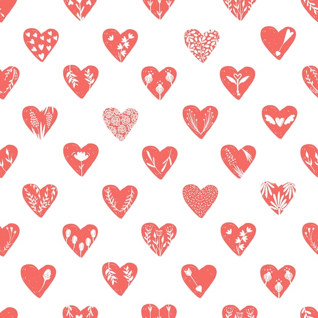 Vector seamless pattern with hand drawn hearts Heart shape decorated floral elements