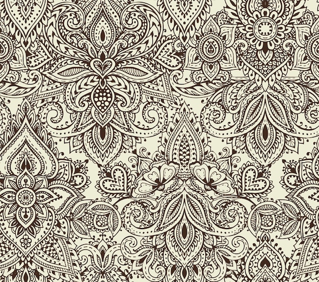 Vector seamless pattern with hand drawn henna mehndi floral elements. Beautiful endless background in oriental indian style