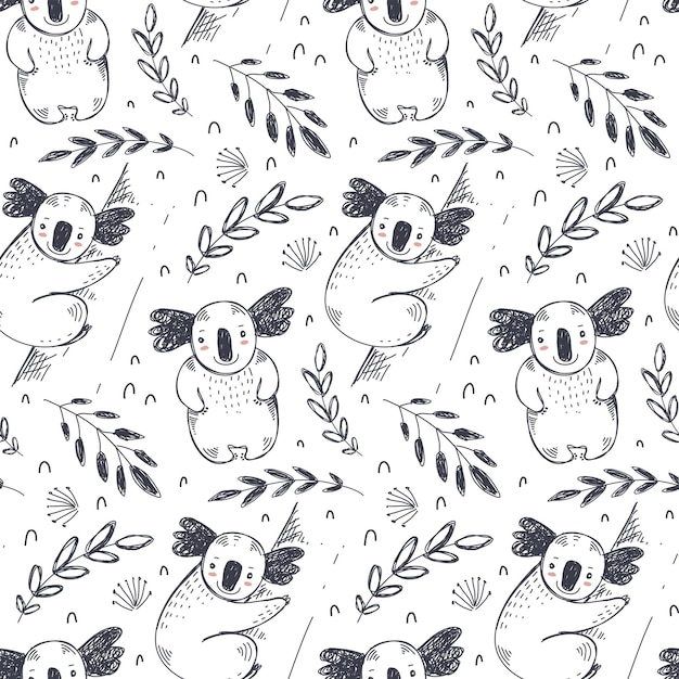 Vector seamless pattern with hand drawn koala animals and plants