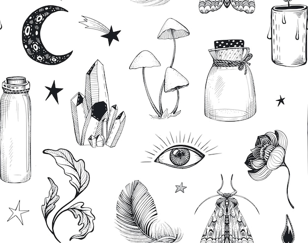 Vector seamless pattern with hand drawn mystical magic boho elements on white