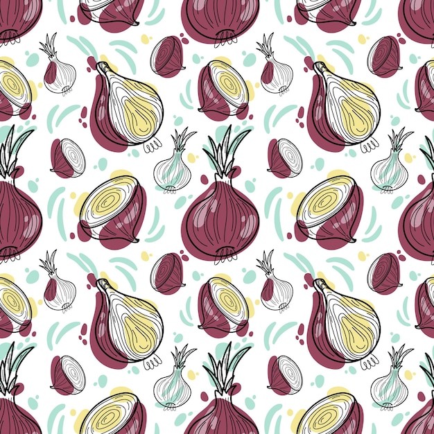 Vector seamless pattern with hand drawn onion bulbs and spring onions Doodle style elements