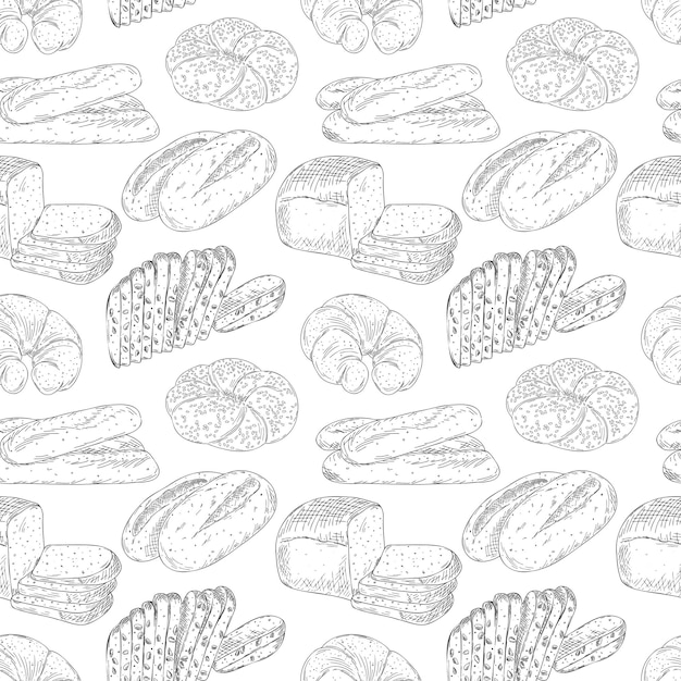 Vector seamless pattern with hand drawn outline different bread