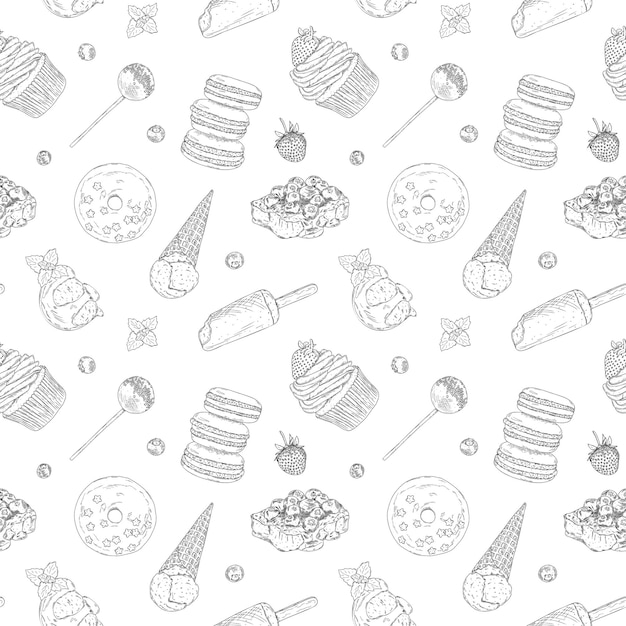 Vector seamless pattern with hand drawn outline different desserts Outline cupcake cheesecake and ice cream