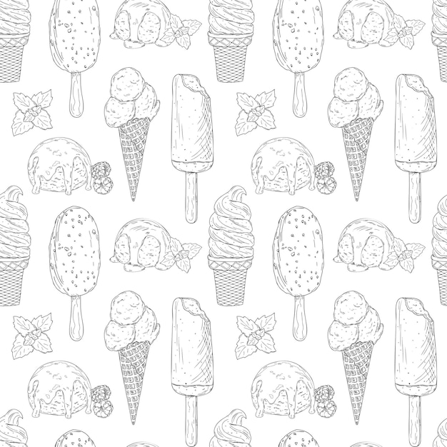 Vector seamless pattern with hand drawn outline different ice cream