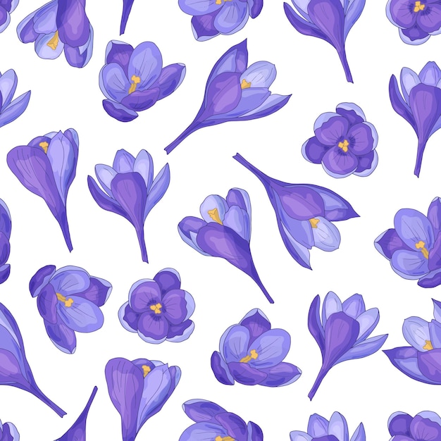 Vector seamless pattern with hand-drawn purple crocuses on a white background, for the design of covers, packaging, print on textiles, fabric