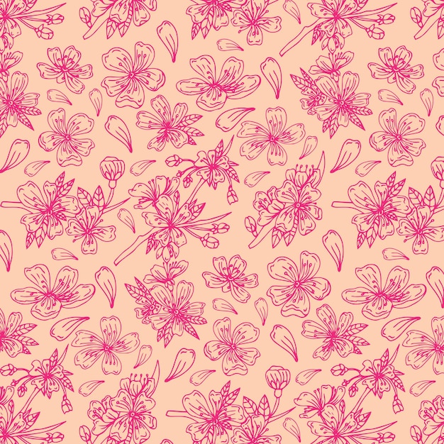 Vector seamless pattern with hand drawn twigs and sakura flowers on a white background