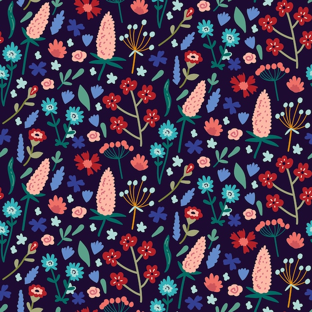 Vector seamless pattern with hand drawn wild plants herbs and flowers colorful botanical illustration floral elements hand drawn repeating background Wild meadow herbs flowering flowers