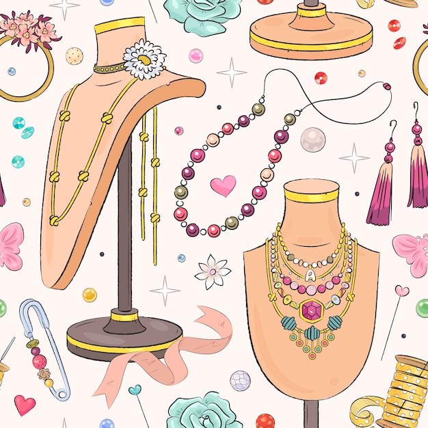 Vector seamless pattern with handmade jewelry and mannequin