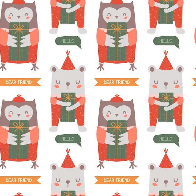 Vector seamless pattern with happy kawaii owl and little white bear. Concept for children print.