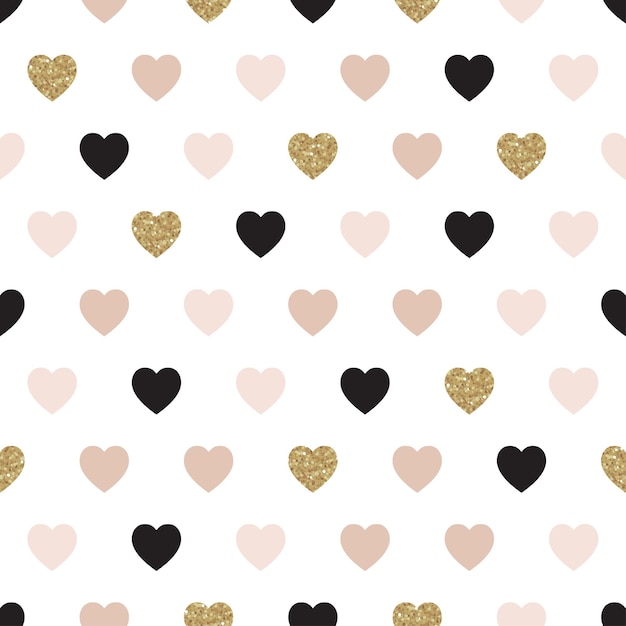 Vector seamless pattern with hearts of rose, gold, and black.