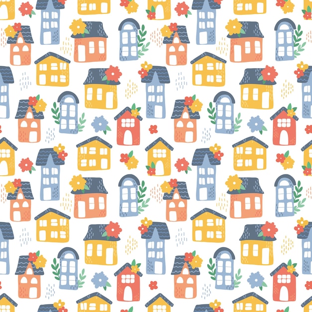 vector seamless pattern with houses and flowers